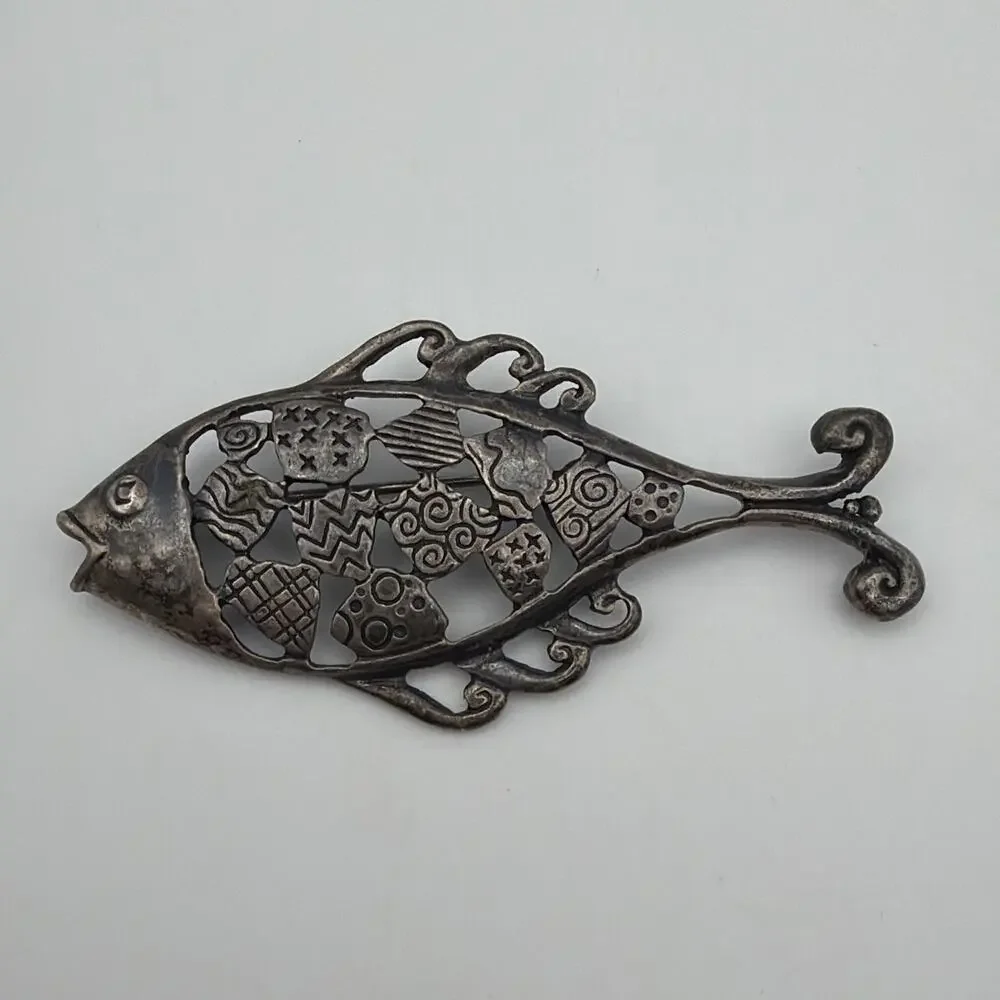 Vintage Sterling Silver Openwork Fish Brooch Pin Marked 925 Whimsical 14.7g